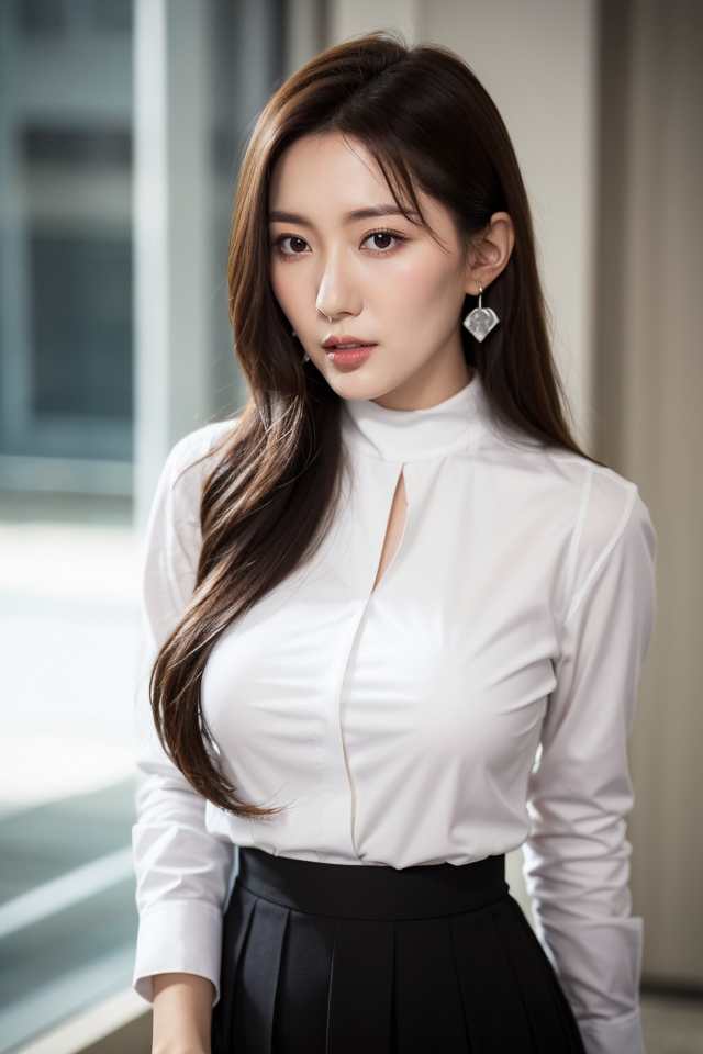 Li Yunsi,1girl,pleated skirt,turtleneck,earrings,brown hair,long hair,brown eyes,(white shirt:1.5),best quality,masterpiec...